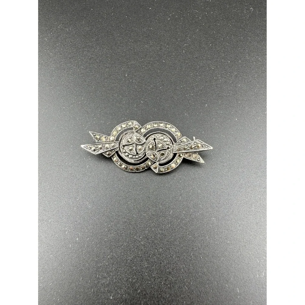 Vintage 1930s Sterling Silver Marcasite Brooch Art Deco Geometric Pin Unsigned